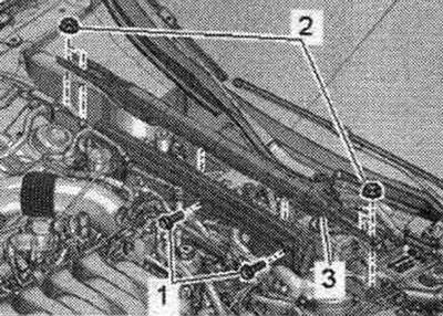 If present, remove spacer «3». To do this, unscrew bolts «1» and nuts «2».