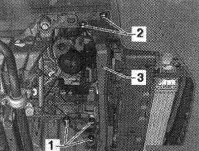 Remove the front engine mount by unscrewing bolts «1». Ignore items «2» and «3».