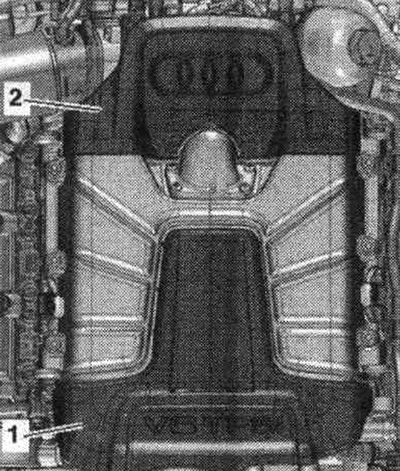 А/м з рухавіком 3,0 л TFSI: Зняць уверх кажухі рухавіка «1» і «2».