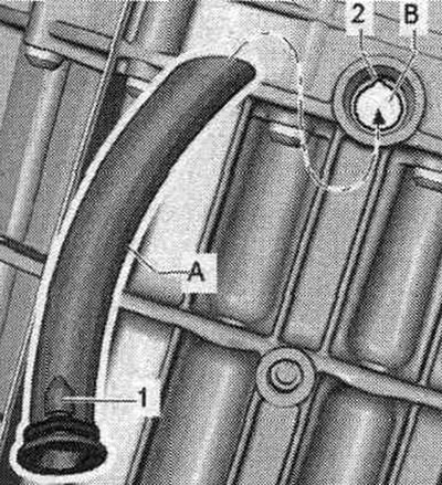Ръчно натиснете тръбата за ниво на маслото «A» в отвора за контрол на ATF «B». Положение за монтаж:…