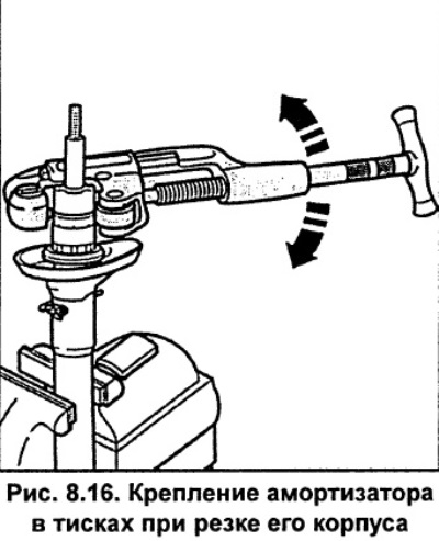 Закрепите амортизационную стойку в вертикальном положении в тисках (см. рис. 8.16).