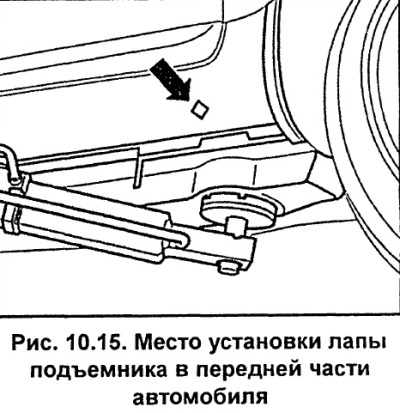 В предната част на автомобила монтирайте повдигащата лапа под надлъжната армировка на дъното на…