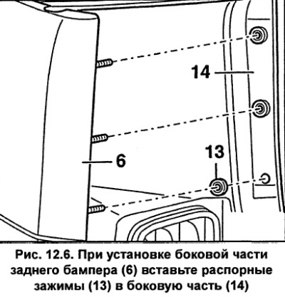 Преди да монтирате броня 6 (фиг. 12.6), поставете дистанционни скоби 13 в страничната част 14.