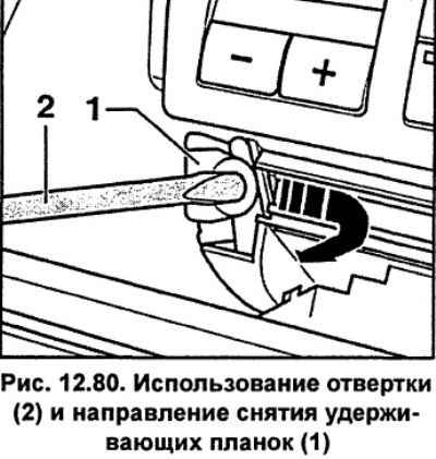 Издърпайте го с отвертка 2 (фиг. 12.80) задържащи ленти 1 отляво и отдясно по посока на стрелката.