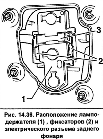 Одвојите електрични конектор 3 (слика 14.36) са задњег светла. Немојте одвртати матице за…