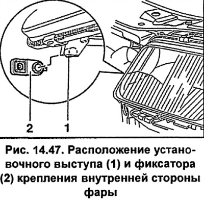 Install the inner side of the headlight so that the mounting lug 1 (fig. 14.47) on the headlight is…
