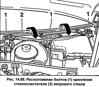 Користећи кључ од 10 мм, одврните три вијка 1 (Цртање 14.88) који причвршћују механизам брисача…