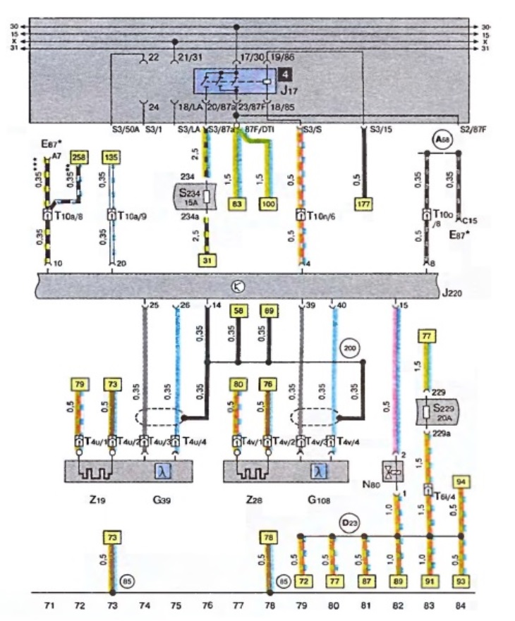 Схема датчиков ауди а6 с5 Wiring diagram of the Motronic control unit, fuel pump relay, lambda probe, sole