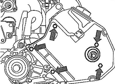 4.10. Вывинтите болты крепления (см. стрелки) и снимите левую часть задней защитной крышки привода…