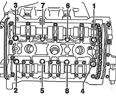 4.20. Ослабьте затяжку, а затем вывинтите полностью болты крепления головки блока цилиндров в…