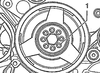 4.18. Выкруціце восем нітаў 1 і зніміце рэмень шкіў прывада дапаможных агрэгатаў з каленчатага…