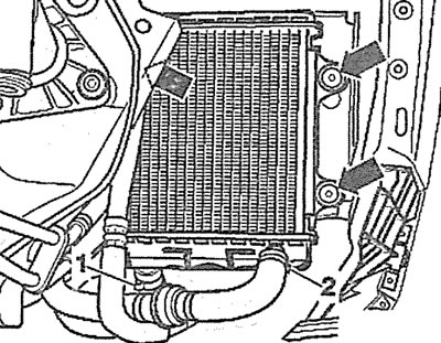 6.8. Disconnect the coolant hoses from the additional radiator by removing clamps 1 and 2. Left…