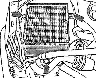 6.8a. Disconnect the coolant hoses from the additional radiator by removing clamps 1 and 2. Right…