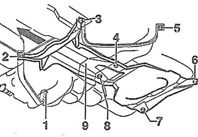 2.16. Вывинтите болты 1-8 крепления топливного бака