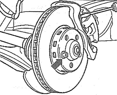 3.1. Lock the brake disc with a wheel bolt (see arrow)