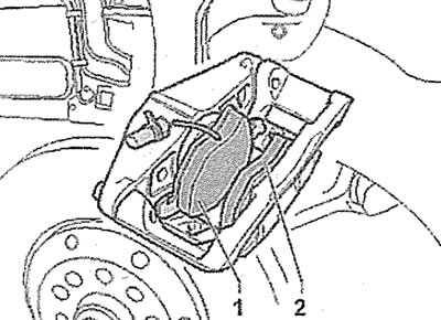 3.10. Outer 2 and inner 1 brake pads in the caliper