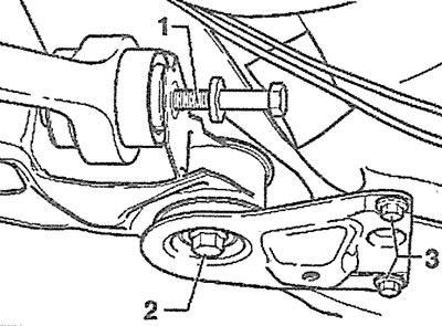 4.5. Unscrew bolt 1, which secures the guide arm to the subframe: 2 and 3 - bracket mounting bolts,…