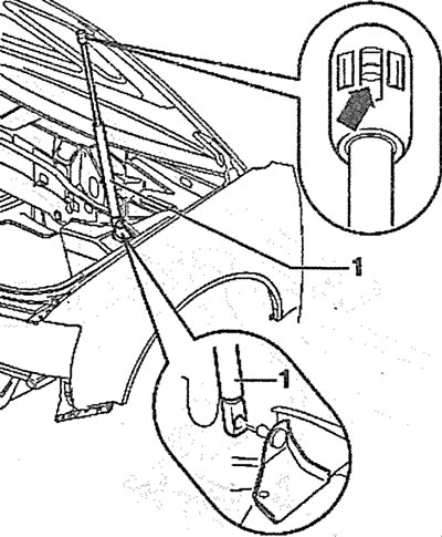8.4. Remove the upper support 1 of the gas-filled strut 5 of the hood from the ball joint by…