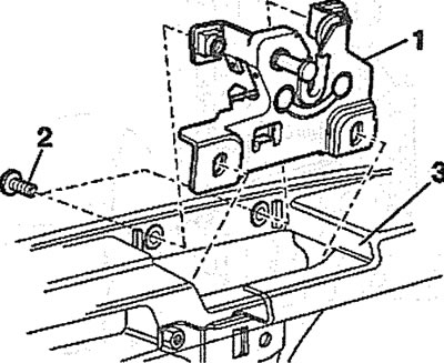 8.14. Slightly loosen the four bolts 2 that secure the hood lock 1