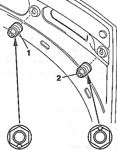 8.17. Screw the stop buffers 1 and 2 into the hood