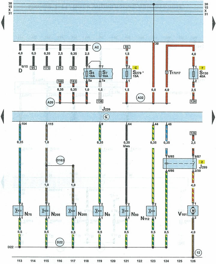 Schéma 1-9. Riadiaca jednotka motora, solenoidový ventil preplachovania odparovacej nádoby, reléová…