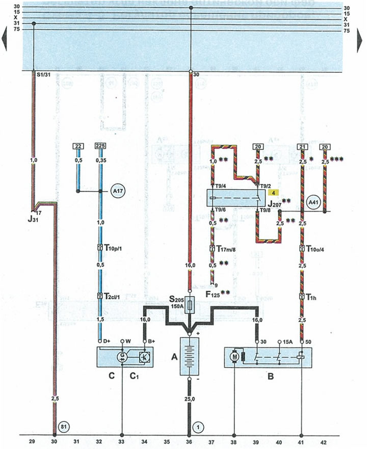 Schemat 4-3. Akumulator, rozrusznik, generator, przekaźnik blokady rozruchu silnika