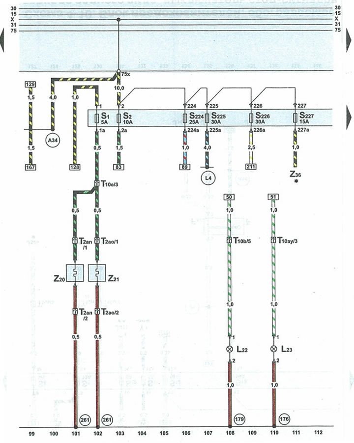 Diagram 48. Fuses, heated jets, fog lights (Audi A6 C5 Allroad, 19992005 / Electrical