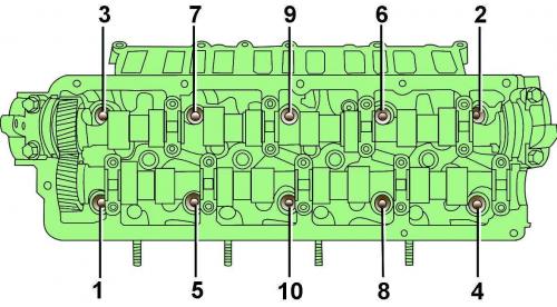 Отвинтите болты и снимите крышку правой головки блока цилиндров (см. рис. 3.4–46).