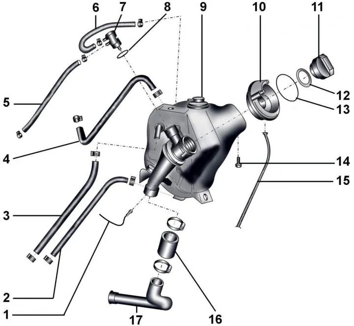 Fig. 5.1–1. Fuel expansion tank: 1-connection to «mass»; 2 – fuel pipe from the fuel tank; 3 – fuel…