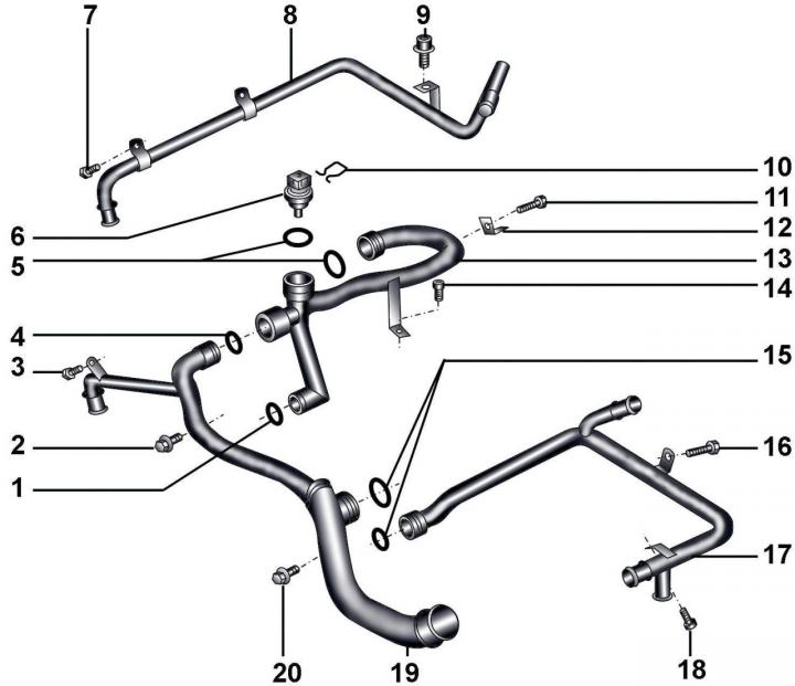 Рис. 7–19. Трубы системы охлаждения дизельного двигателя 2,5 л: 1 – уплотнительное кольцо; 2 –…