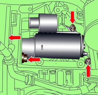 Odłączyć złącze elektryczne od zacisku «50» przekaźnika elektromagnesu rozrusznika (patrz 18–31).