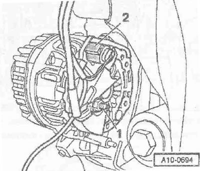 Развийте болтовете «1» и «2» на генератора.
