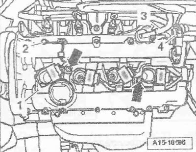 Свалете капачката на маслото. Изключете конектора «4» на датчика на Хол «G40». Развийте болта «2»…