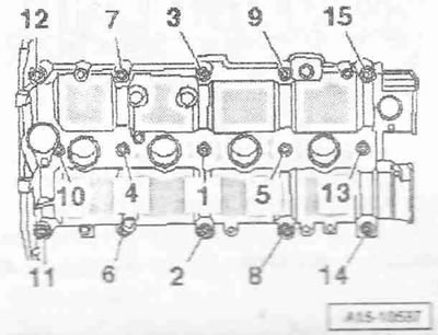 Разхлабете болтовете на корпуса на разпределителния вал в последователност «15...2». Внимателно…