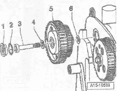 Развийте болта «3», свалете шайбата «4», зъбното колело на всмукателния разпределителен вал «5» с…
