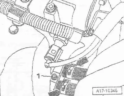 Unscrew bolt «1». Clamp coolant hoses «arrows» with clamps «3094» and remove.