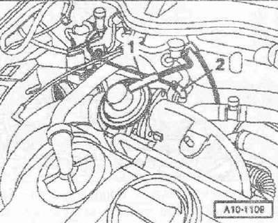 Маркирайте и разкачете тръбата за налягане на горивото «2» и линията за връщане на гориво «1».