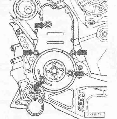 Развийте долния болт «1» на опората на двигателя. Болтовете «2 и 3» се развиват по-късно.