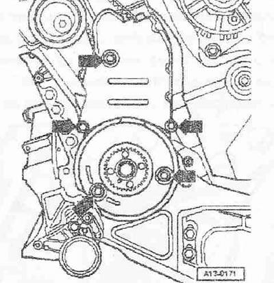 Развийте долния болт «1» на опората на двигателя. Болтовете «2» и «3» се развиват по-късно.