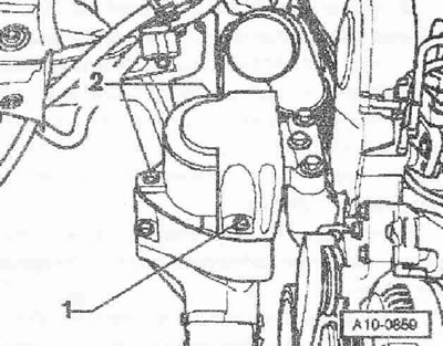 Отстранете капака на стойката на двигателя, като развиете болтовете «1 и 2».