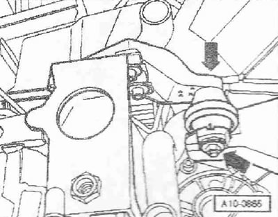 Развийте болтовете «1 и 3» и отстранете скобата с опората на двигателя «2».