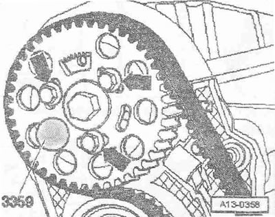 Регулирайте позицията на обтегача на ангренажния ремък, както следва: Отстранете ключалката…