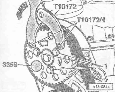 Монтирайте опорния ключ «T10172» с болта «T10172/4», както е показано на фигурата и, като натиснете…