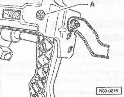 Odskrutkujte maticu «A». Odskrutkujte skrutku, aby bolo možné vybrať spojkový pedál.