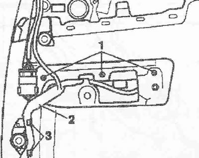 Odstráňte obloženie dverí. Odstráňte zvukovú izoláciu. Odskrutkujte skrutky «1» (3 ks). Odpojte…