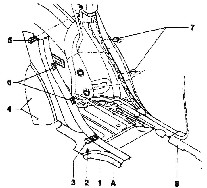 1. Obloženie zadného blatníka. Odstráňte zadné sedadlo. Odpojte bezpečnostný pás od obloženia «1».…
