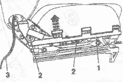 Odstráňte sedadlo. Odstráňte bočný panel sedadla. Odpojte kábel airbagu «3» od držiaka zadného…