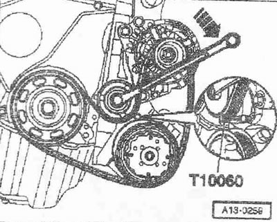 Развийте проводника на клема 30/B+ «поз. 1» от генератора. Изключете конектора «2».
