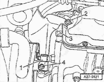 Отстранете държача на щепселната връзка «2» от болта «1». Отстранете двойния болт.