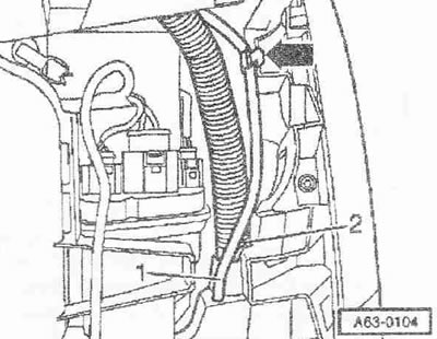 Разкопчайте вентилационния маркуч «1» на държача «стрелка». Отстранете гъвкавата тръба «2» от…